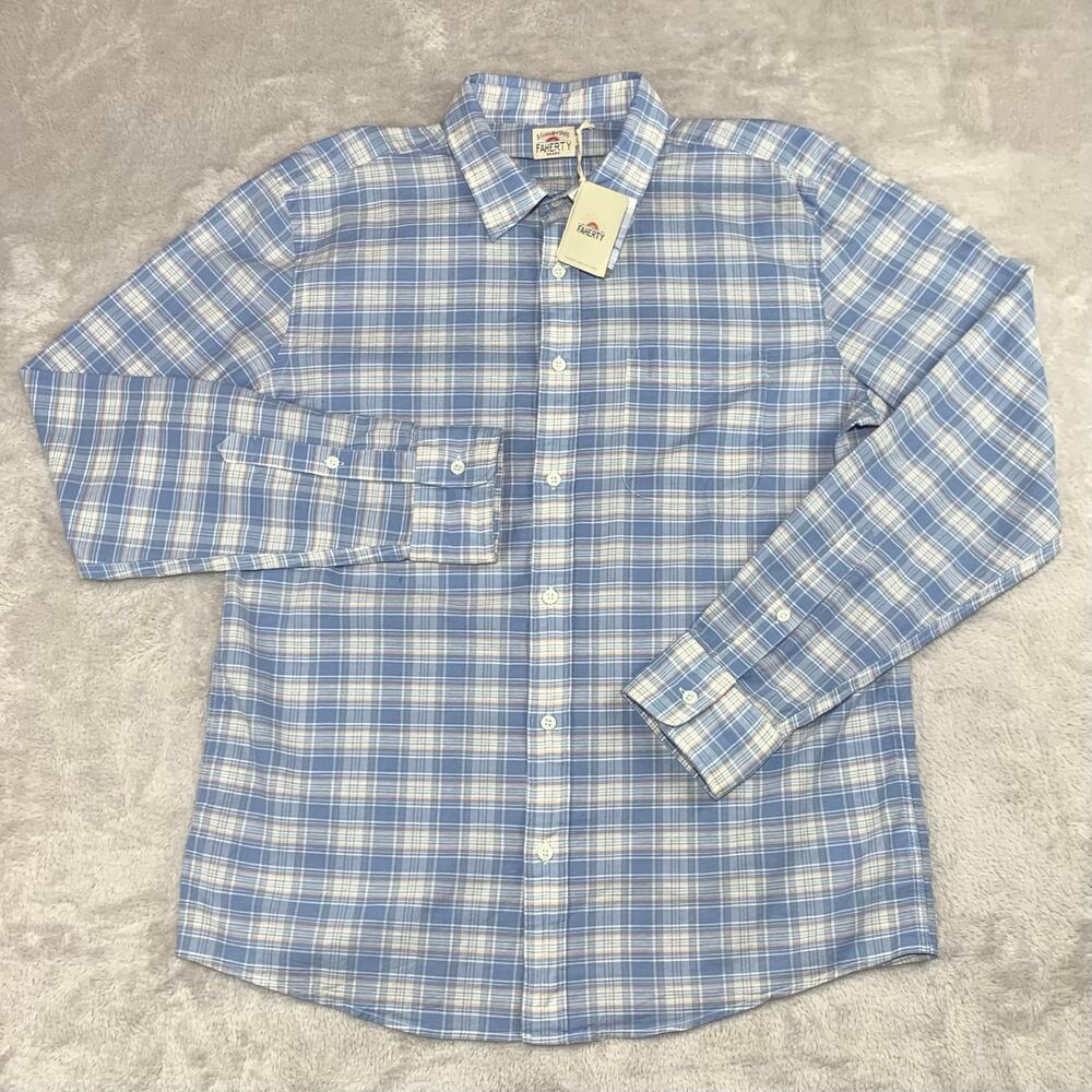 NWT Faherty Button Up Shirt Mens Large Cloud Summer Linen Blend Light Blue Plaid - Picture 2 of 14